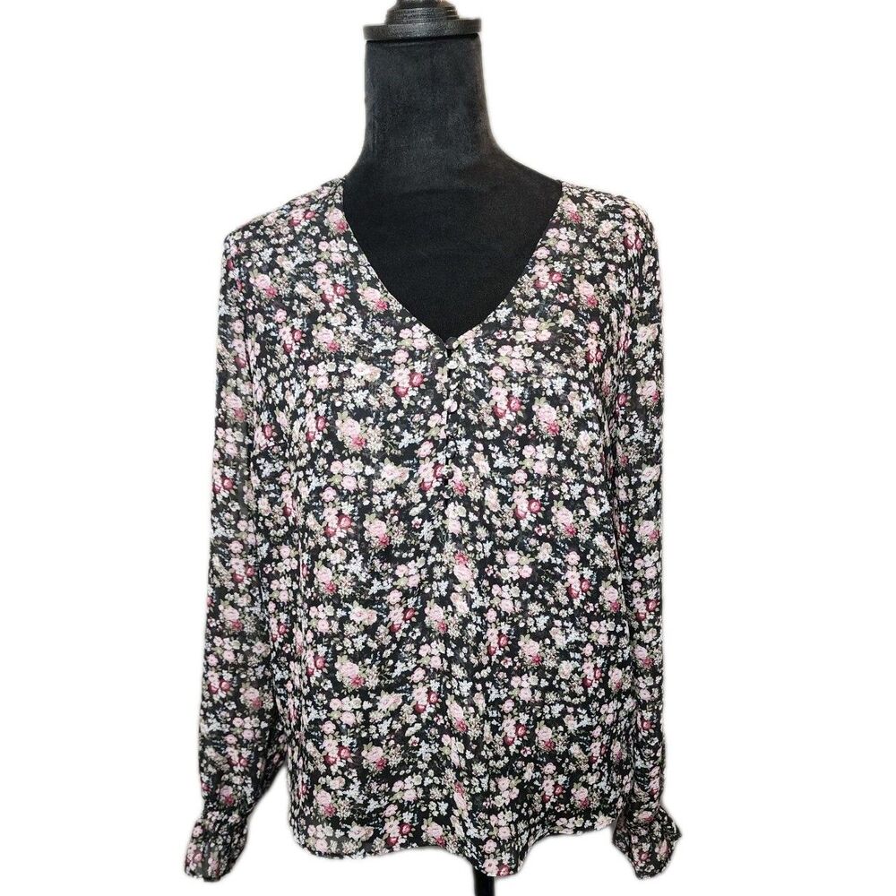 Maison Jules Top S Black Hudson Floral Semi Sheer Long Sleeves V Neck Buttons